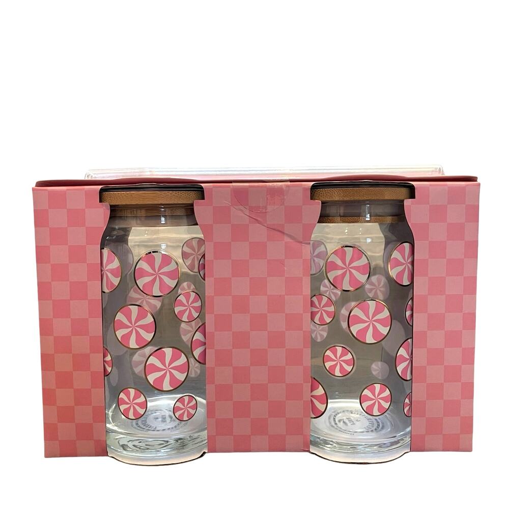 Peppermint & Pine Christmas Peppermint Candy Glass Tumblers w/ Lid Set of 2 PINK
